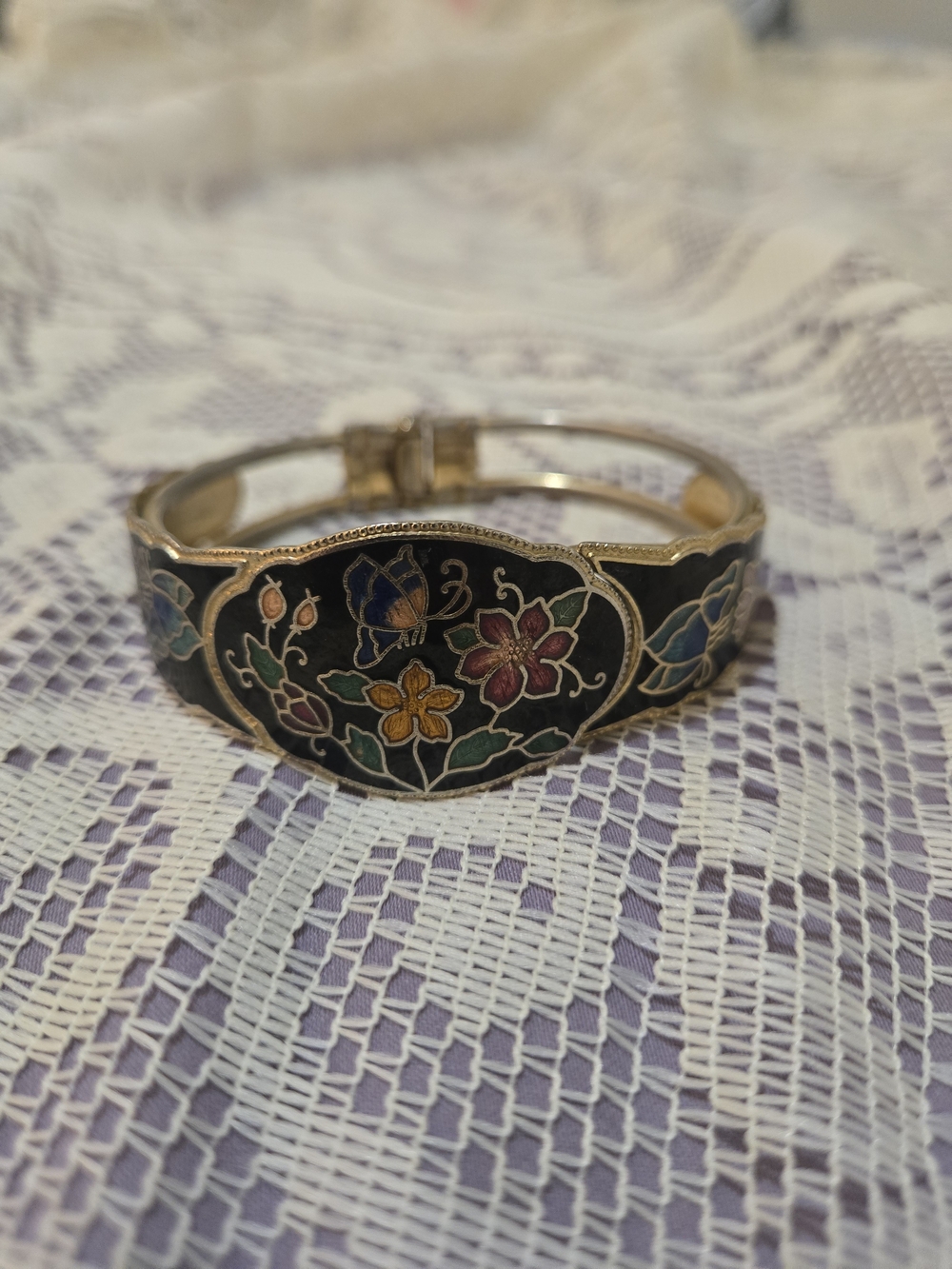 Floral Cloisonné Enamel Hinged Bangle Bracelet - Black Multicolor